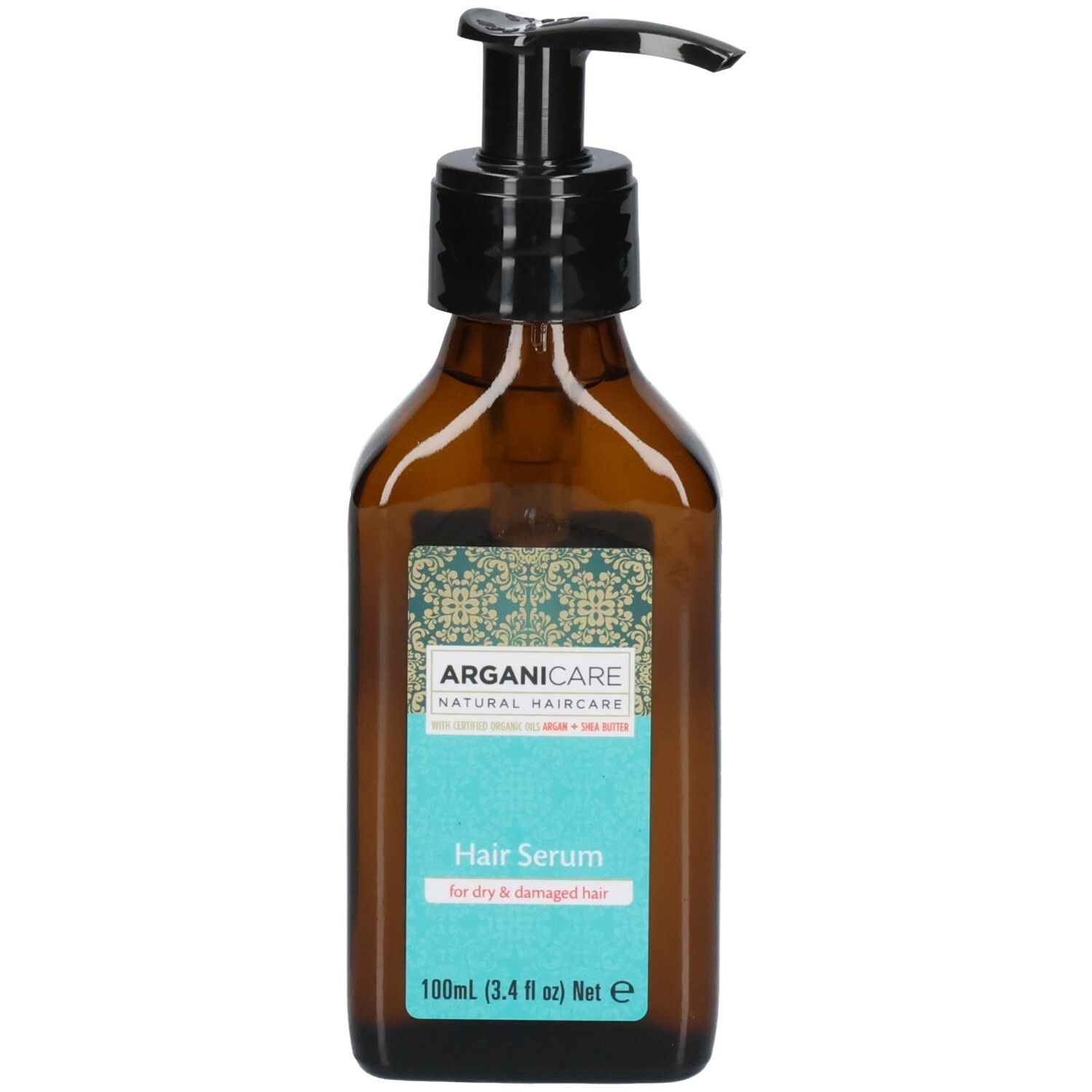 Arganicare Haarserum in brauner Glasflasche mit Pumpspender. Für trockenes und geschädigtes Haar.