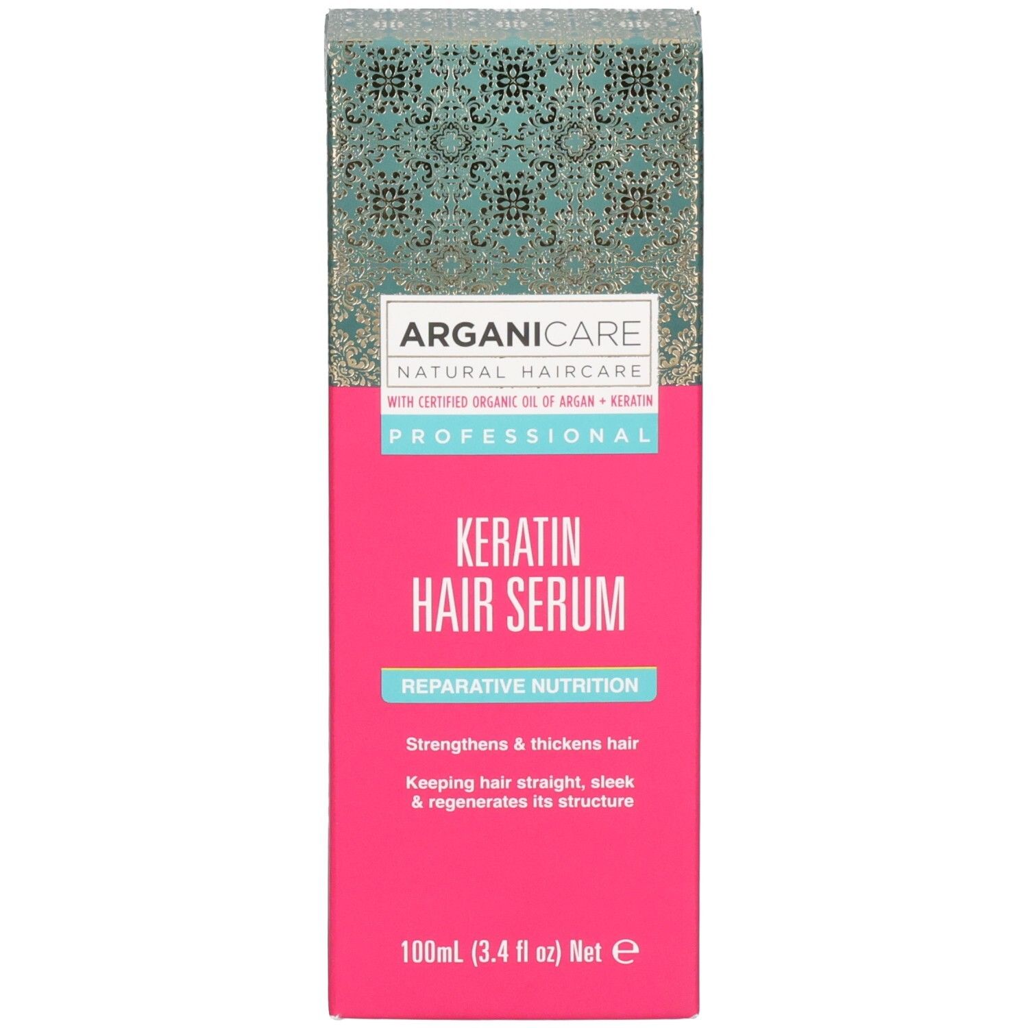Verpackung des Arganicare Keratin Haarserums. Stärkt und verdickt das Haar. 100ml.