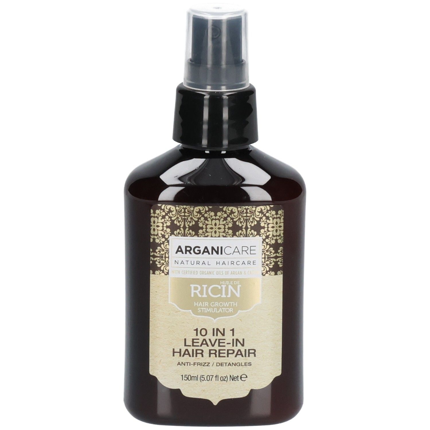 Arganicare 10-in-1 Leave-in Haarreparatur-Spray mit Rizinusöl. Dunkle Flasche mit Sprühkopf und Etikett.