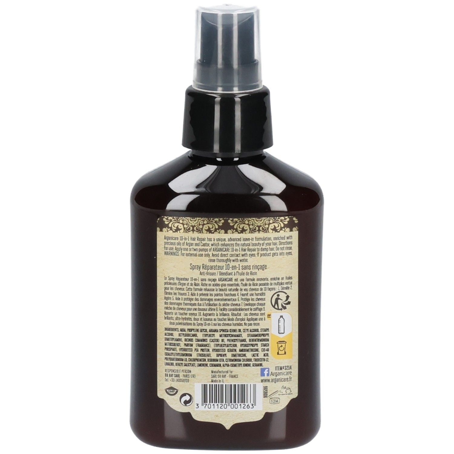 Rückseite des Arganicare 10-in-1 Leave-in Haarreparatur-Sprays. Flasche mit detaillierten Produktinformationen und Barcode.