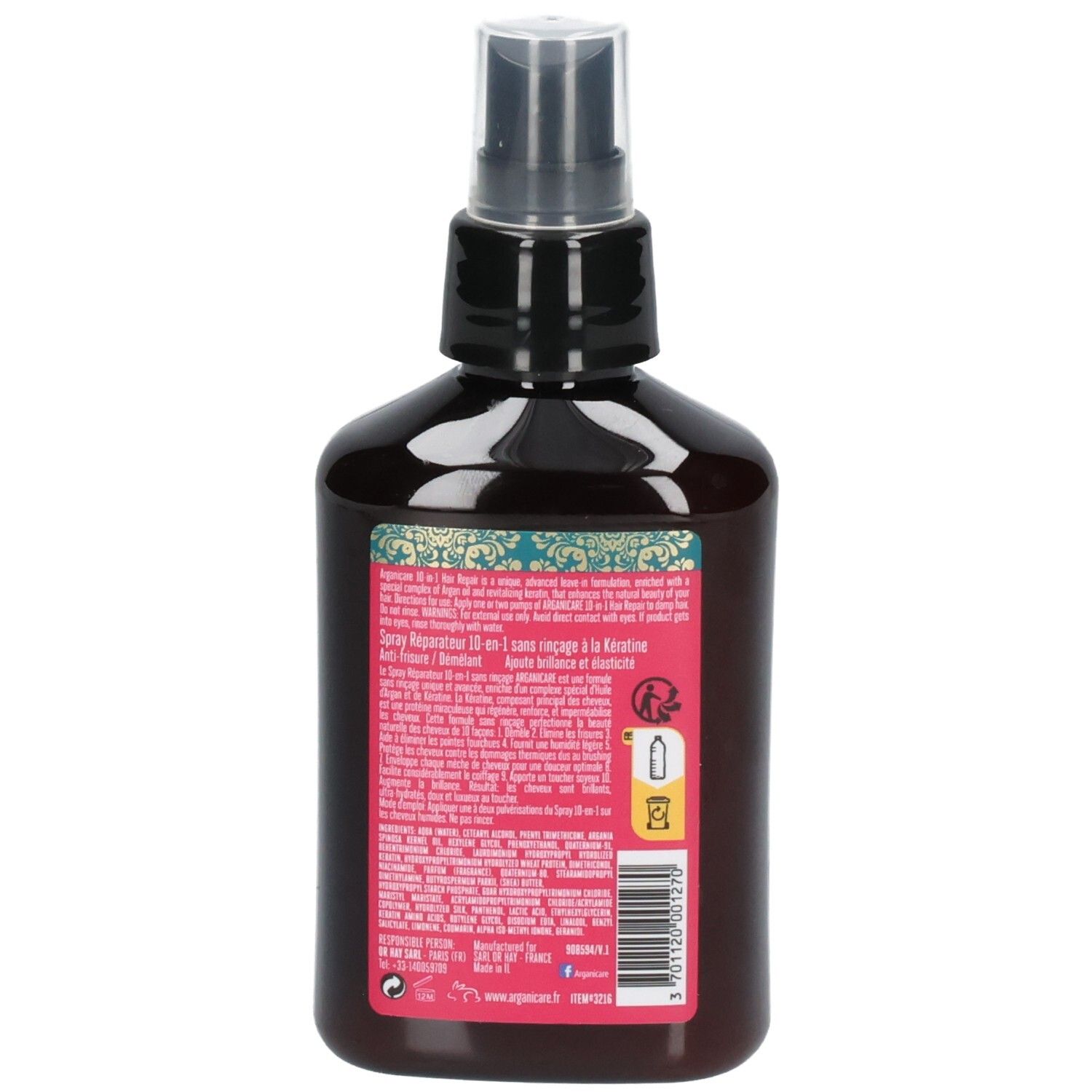 Rückseite der Arganicare 10-in-1 Leave-In Hair Repair Flasche mit Inhaltsstoffen und Anwendungshinweisen.