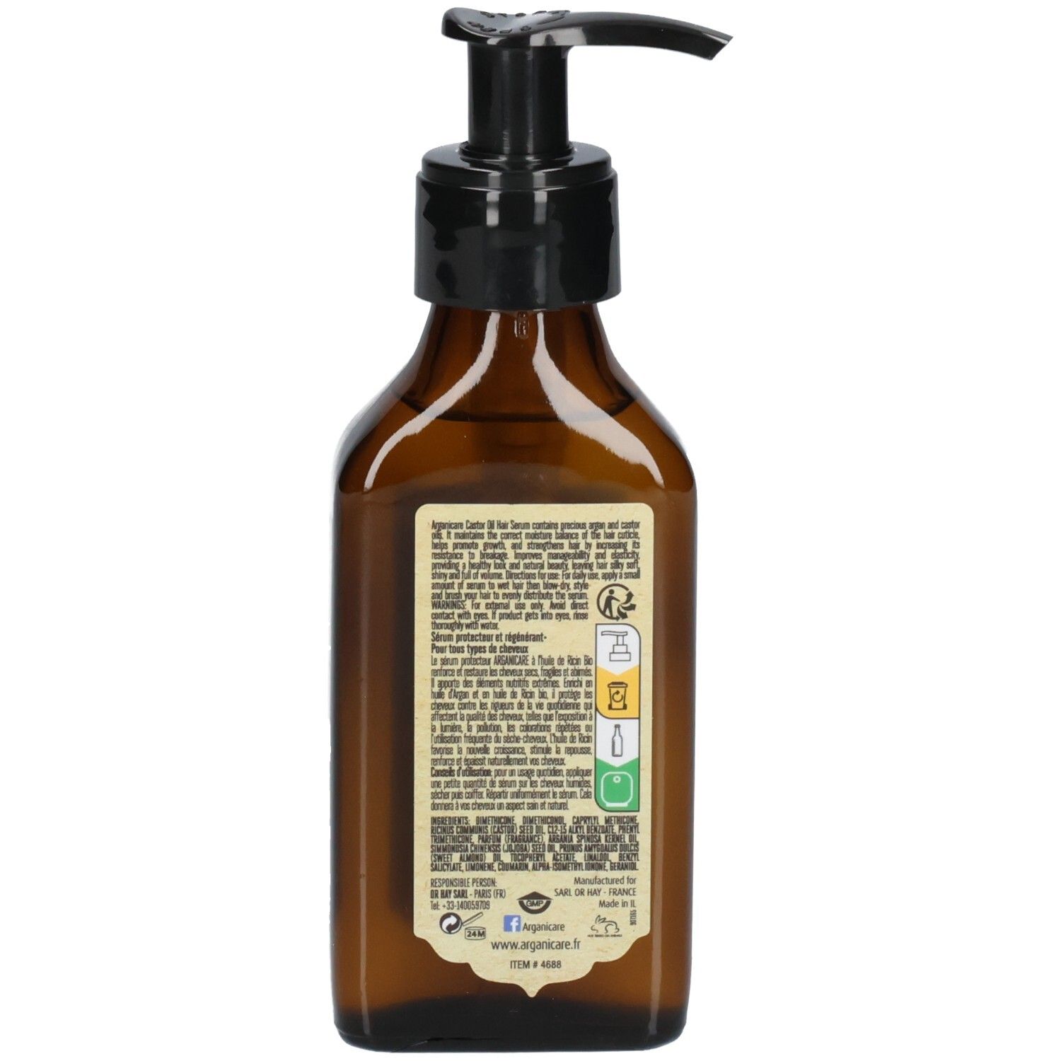 Rückseite der Arganicare Schutzserum Ricin Flasche mit Inhaltsstoffen und Anwendungshinweisen.