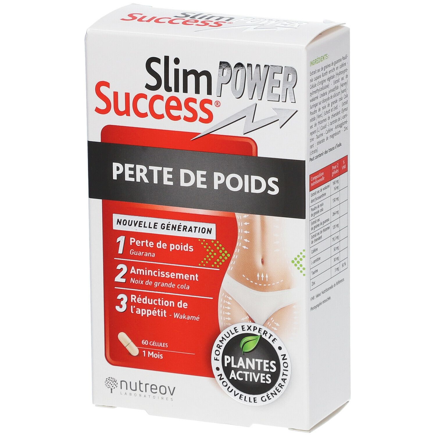 Boîte blanche "Slim Success Perte de Poids". Illustration femme. 60 gélules, 1 mois. Expert Plantes Actives.