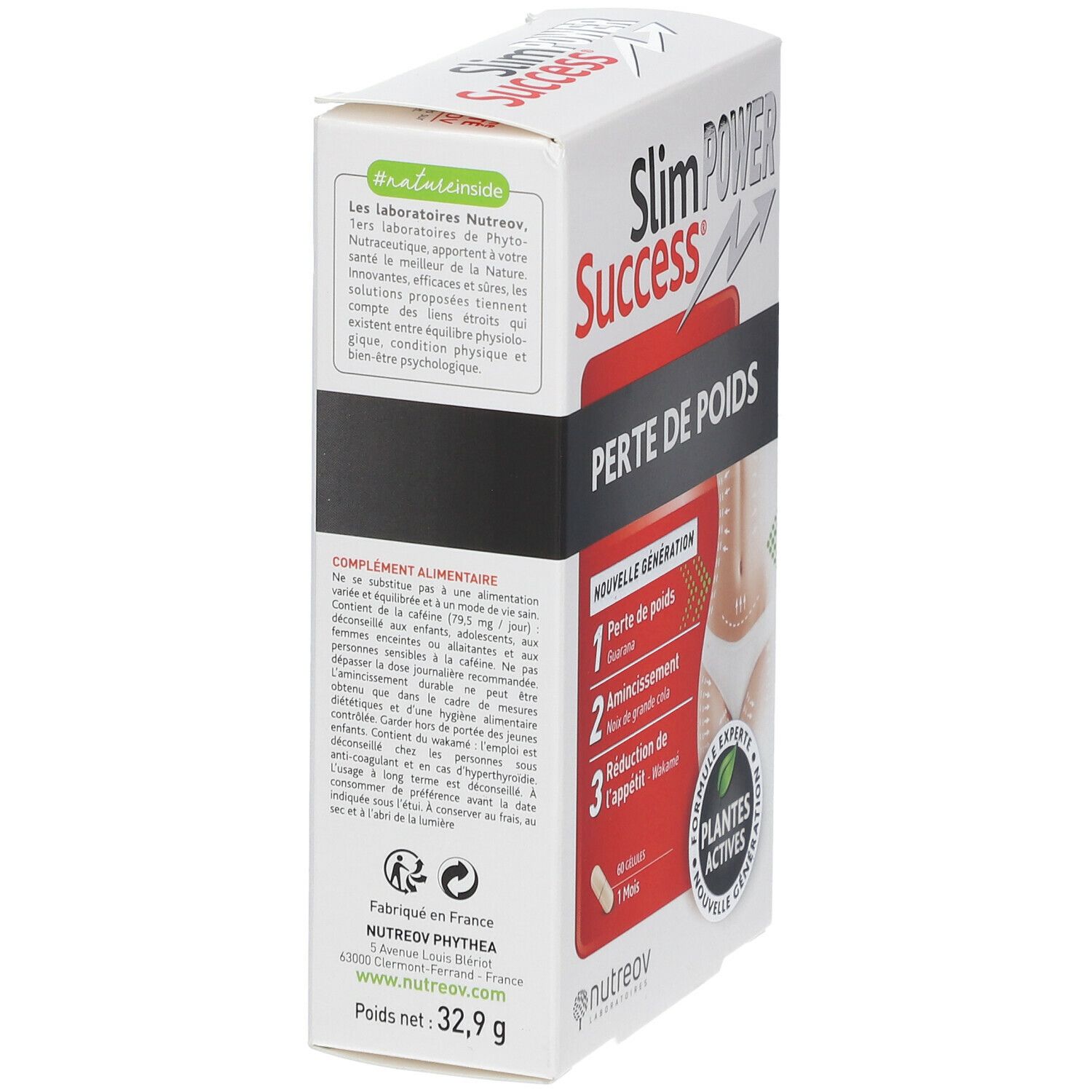 Vue latérale boîte blanche. Texte: "Slim Success Perte de Poids". Informations ingrédients et fabricant.