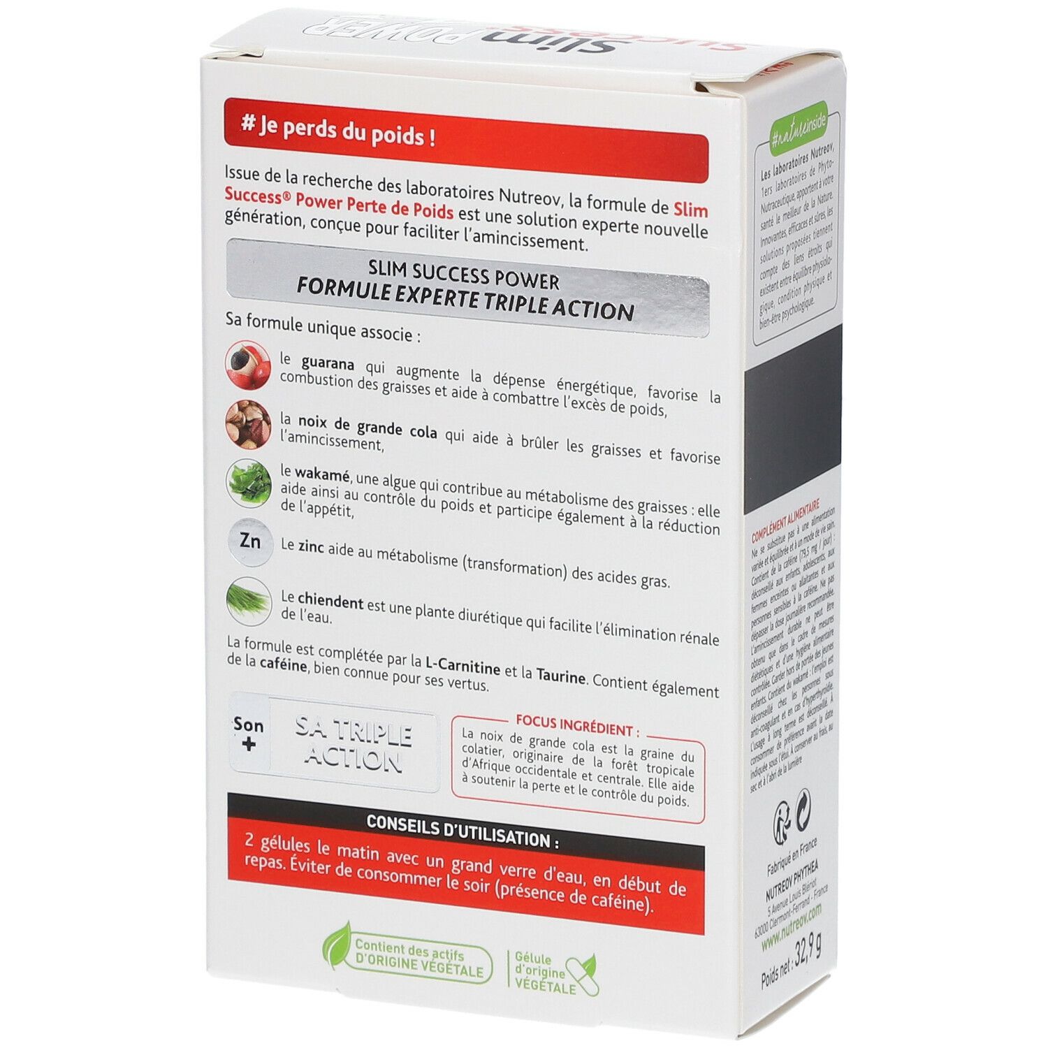 Dos boîte blanche. Texte: "Slim Success Power Perte de Poids". Informations utilisation et ingrédients.