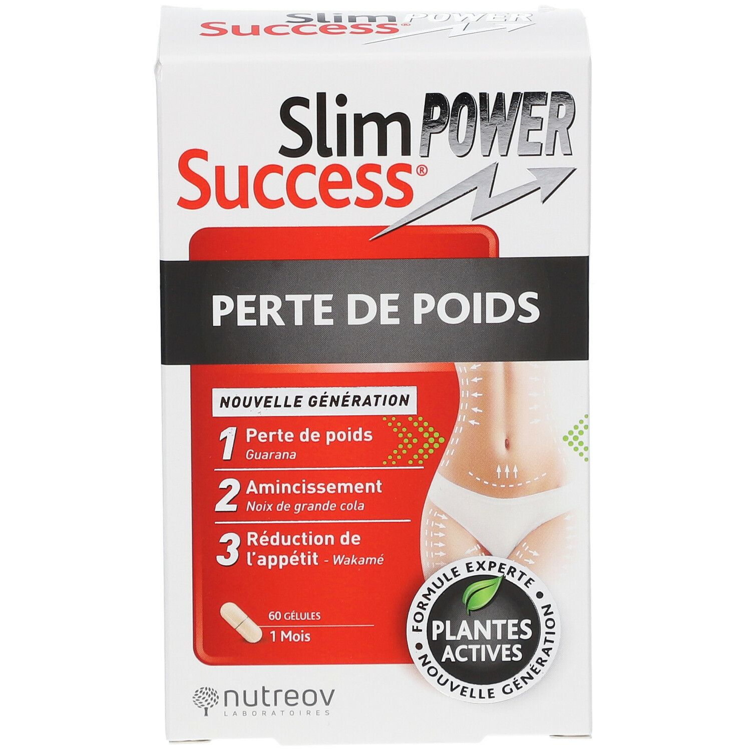 Boîte blanche "Slim Success Perte de Poids". Illustration femme. 60 gélules, 1 mois. Expert Plantes Actives.