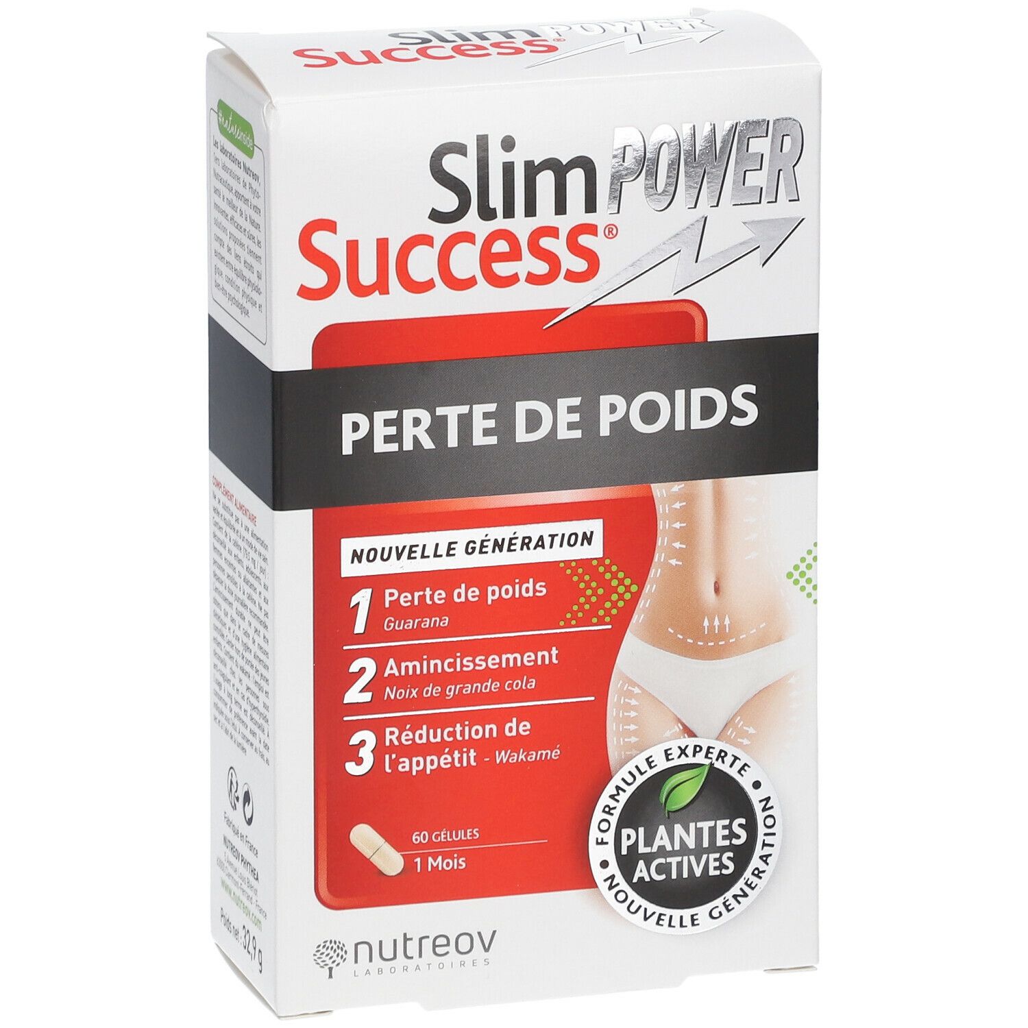 Boîte blanche "Slim Success Perte de Poids". Illustration femme. 60 gélules, 1 mois. Expert Plantes Actives.