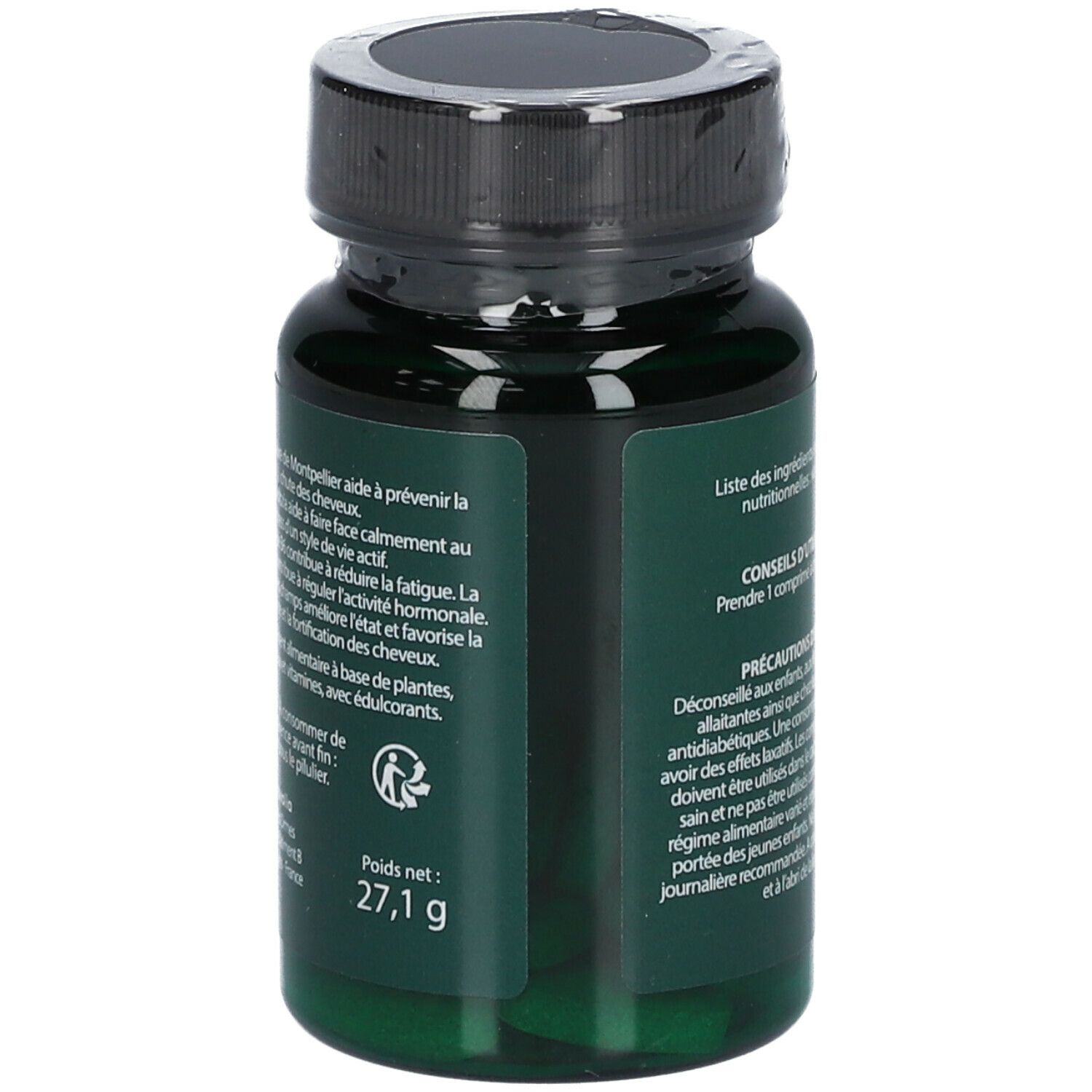 Dos du flacon vert. Texte : ingrédients, poids net 27,1 g. Bouchon noir. Étiquette verte.