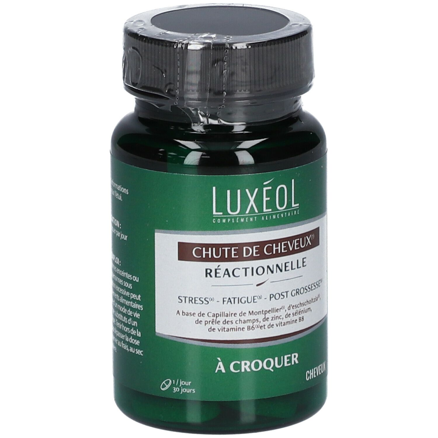 Flacon vert LUXÉOL. Étiquette : Chute de Cheveux Réactionnelle. Capsules. Bouchon noir.