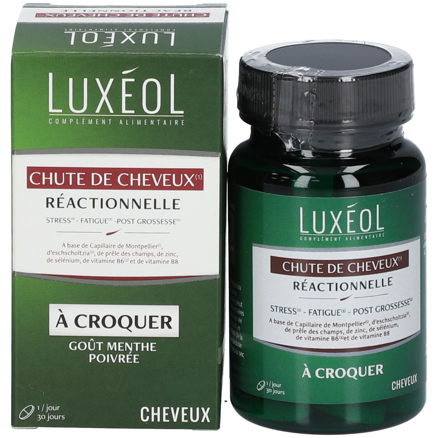 Boîte et flacon verts. Inscription : LUXÉOL, Chute de Cheveux Réactionnelle. Capsules. Flacon avec bouchon.