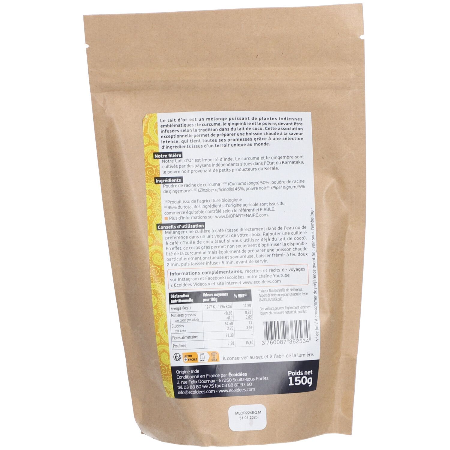Sachet avec informations produit. Texte en français. Label bio et poids 150g.