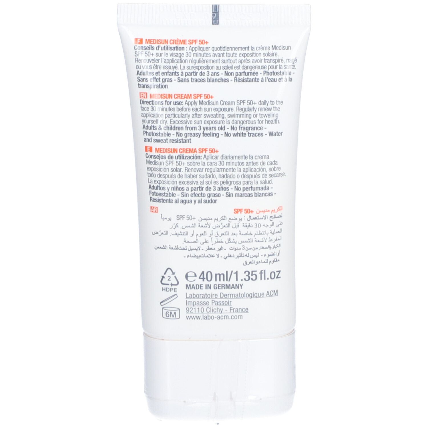Dos du tube blanc. Texte: Conseils d'utilisation pour Médisun Crème SPF 50+. 40ml/1.35 fl.oz. Fabriqué en Allemagne.