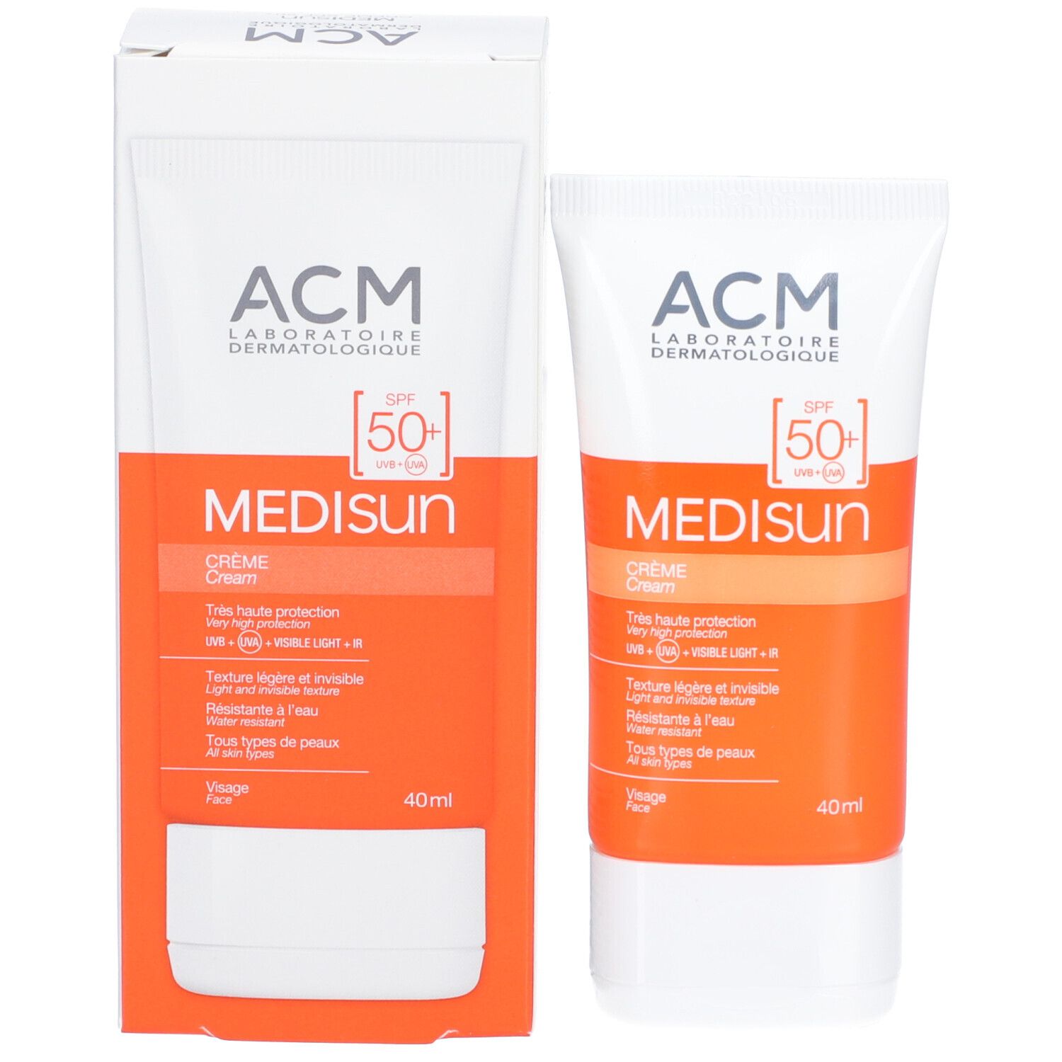 Emballage du produit: tube et boîte. Texte: ACM Médisun Crème SPF 50+. 40ml. Pour tous types de peaux.