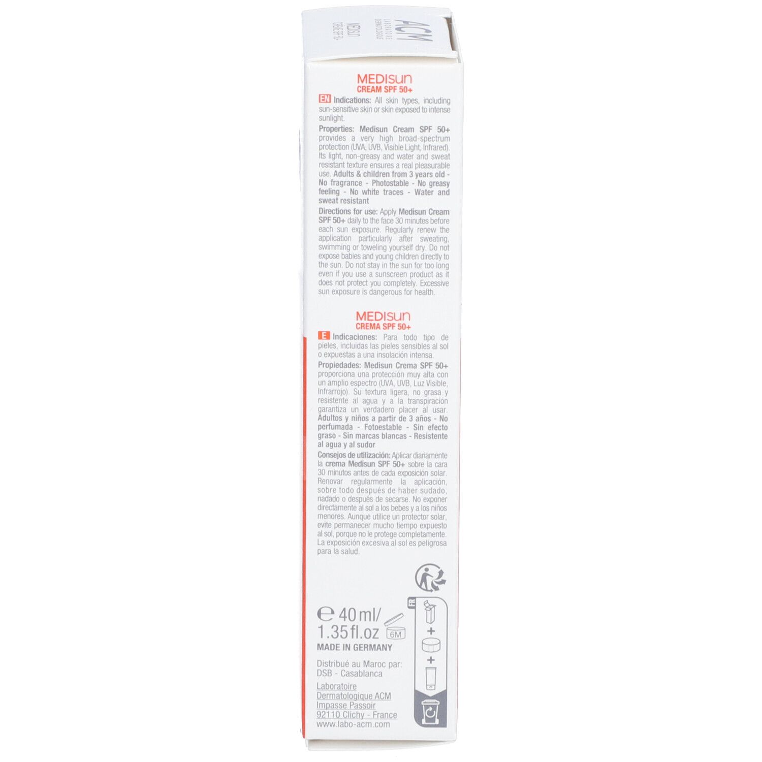 Boîte, vue latérale. Texte: Conseils d'utilisation pour Médisun Crème SPF 50+. 40ml/1.35 fl.oz. Fabriqué en Allemagne.