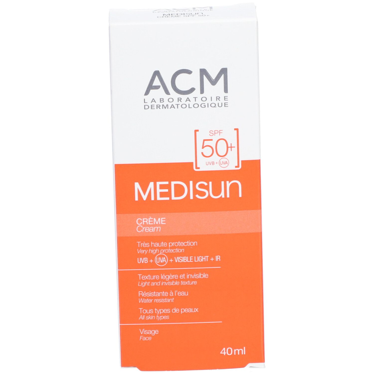 Boîte, face avant. Texte: ACM Médisun Crème SPF 50+. 40ml. Pour tous types de peaux.