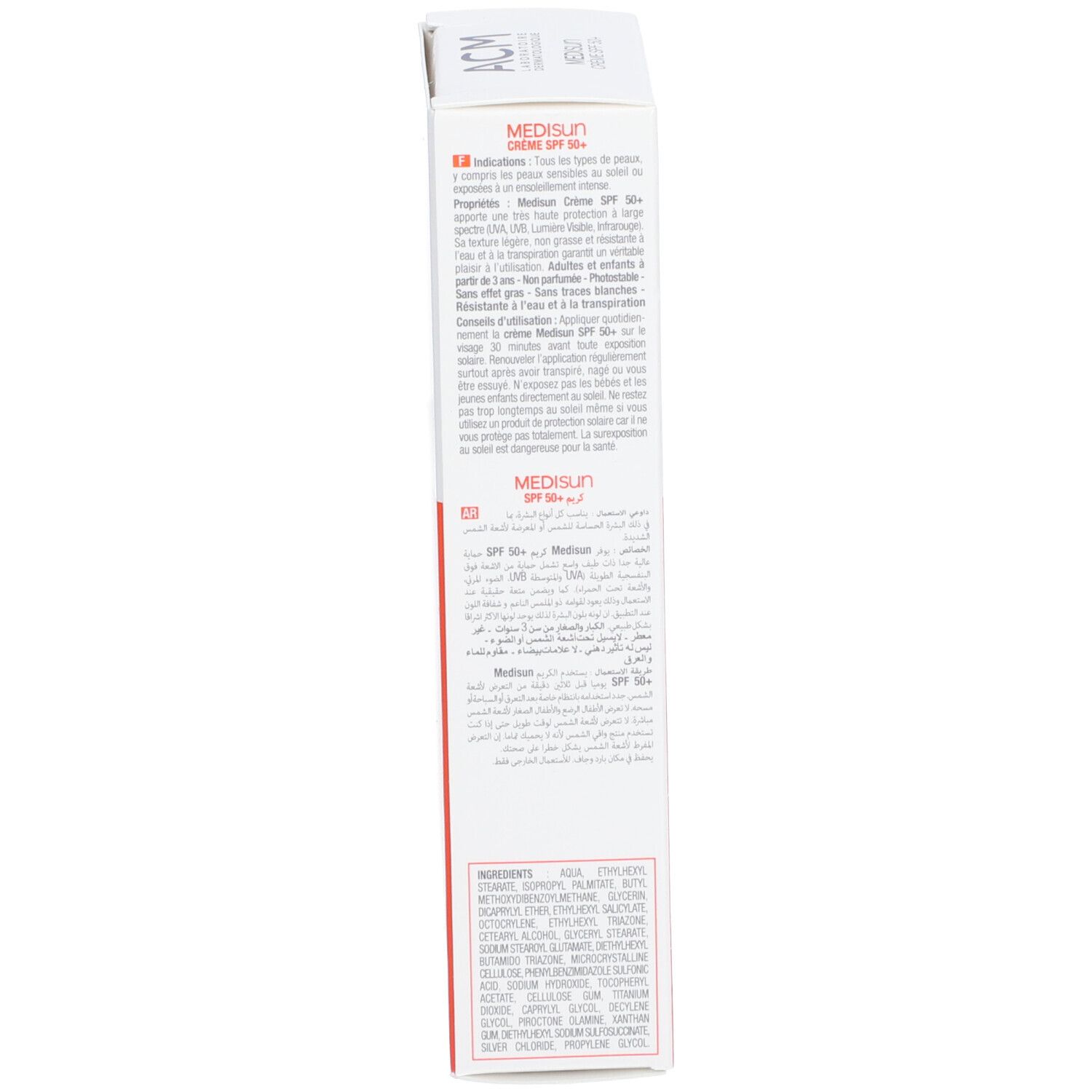 Boîte, vue latérale. Texte: Conseils d'utilisation pour Médisun Crème SPF 50+. Ingrédients.