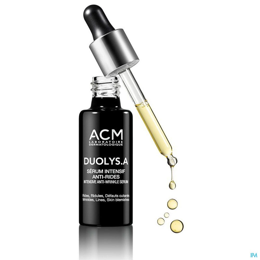Serumflasche mit Tropfer. Aufschrift: DUOLYS.A, Sérum Intensif Anti-Rides. Marke: ACM. Tropfen fallen.