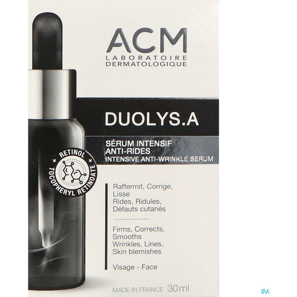 Serumflasche und Schachtel. Aufschrift: DUOLYS.A, Sérum Intensif Anti-Rides. Marke: ACM.