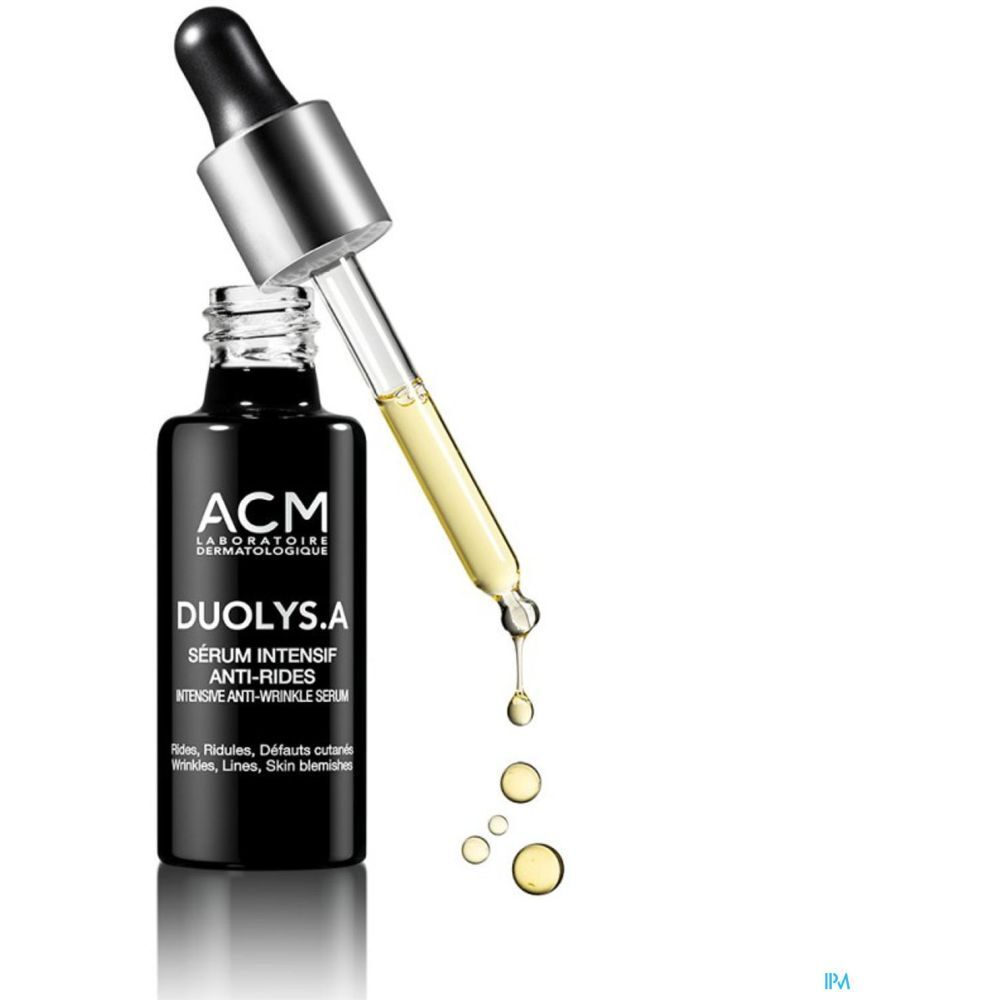 Serumflasche mit Tropfer. Aufschrift: DUOLYS.A, Sérum Intensif Anti-Rides. Marke: ACM. Tropfen fallen.