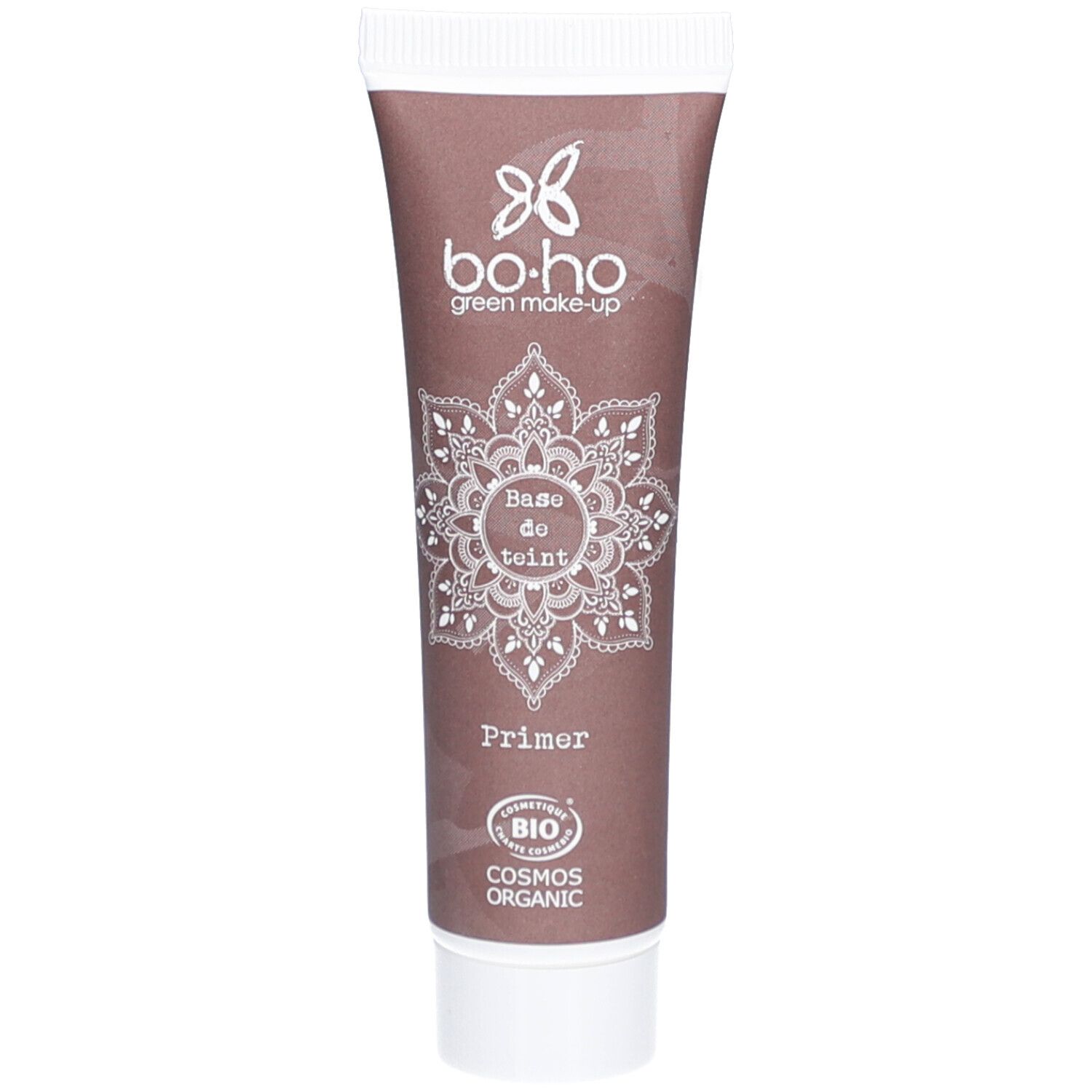 Tube marron avec bouchon blanc. Inscription: BOHO, Base de Teint, Primer, BIO COSMOS ORGANIC.