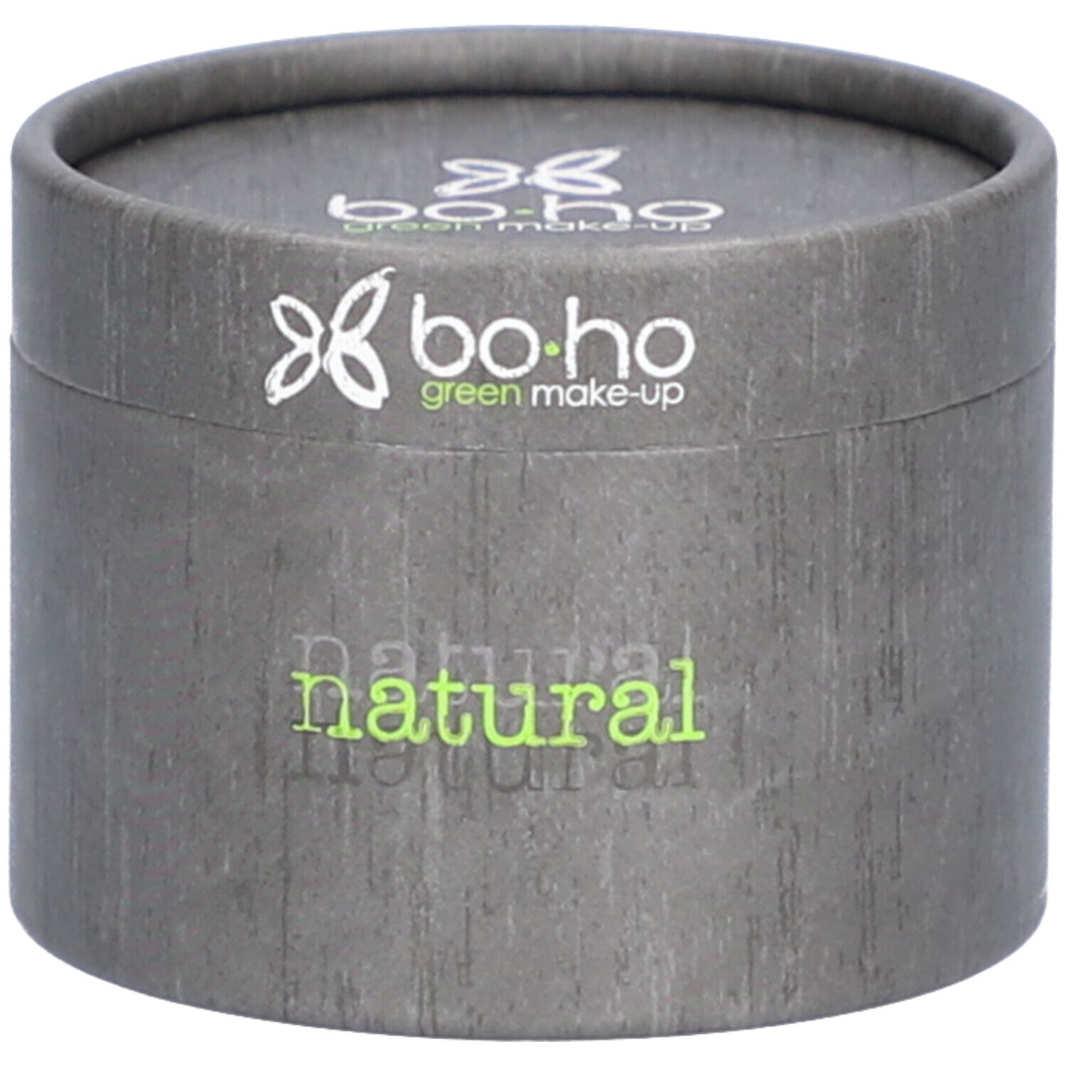 Boîte ronde grise avec couvercle. Sur le couvercle, "bo-ho green make-up" et "natural" en vert.
