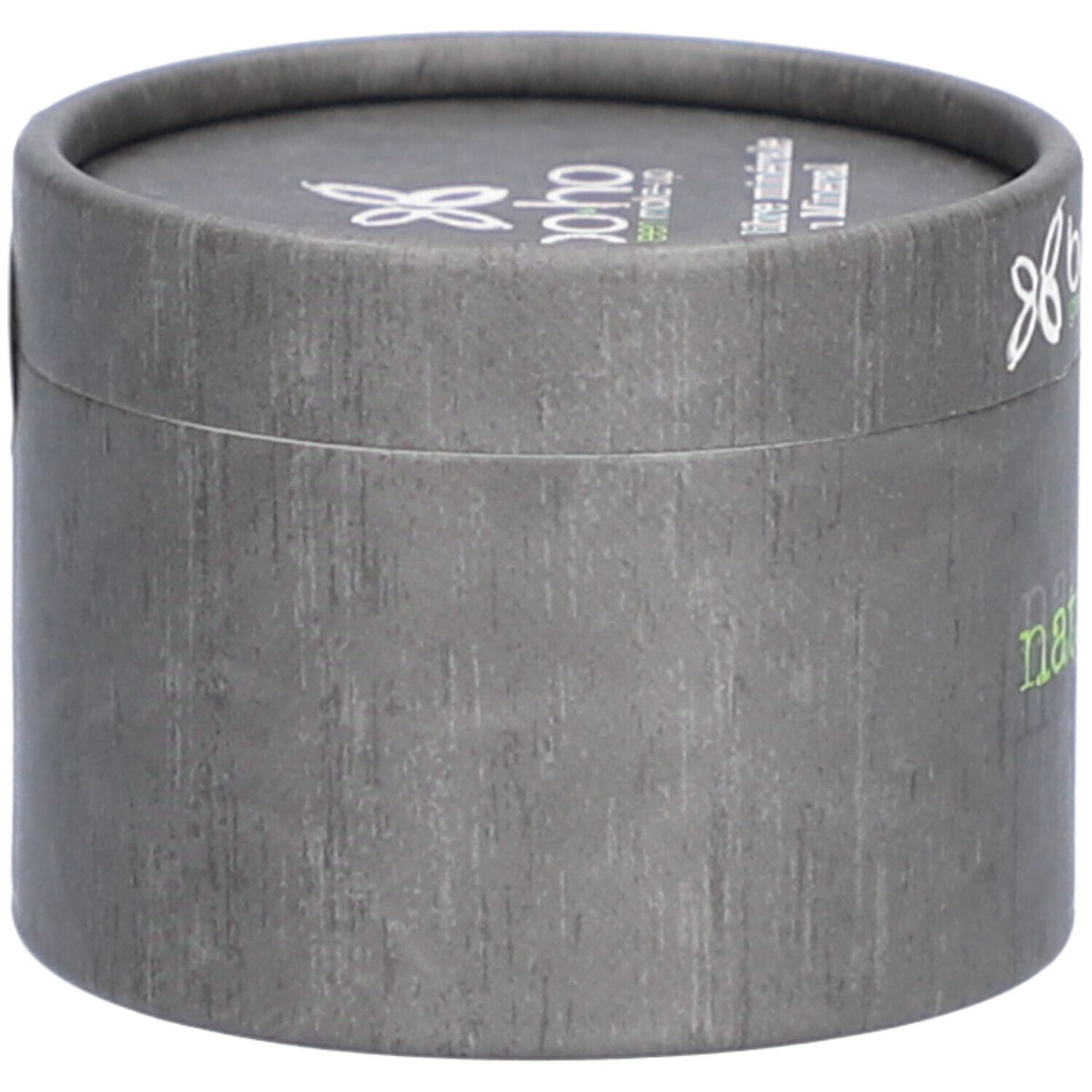 Boîte cylindrique grise avec couvercle. Sur le couvercle, "bo-ho green make-up" et "Poudre Libre Minérale".