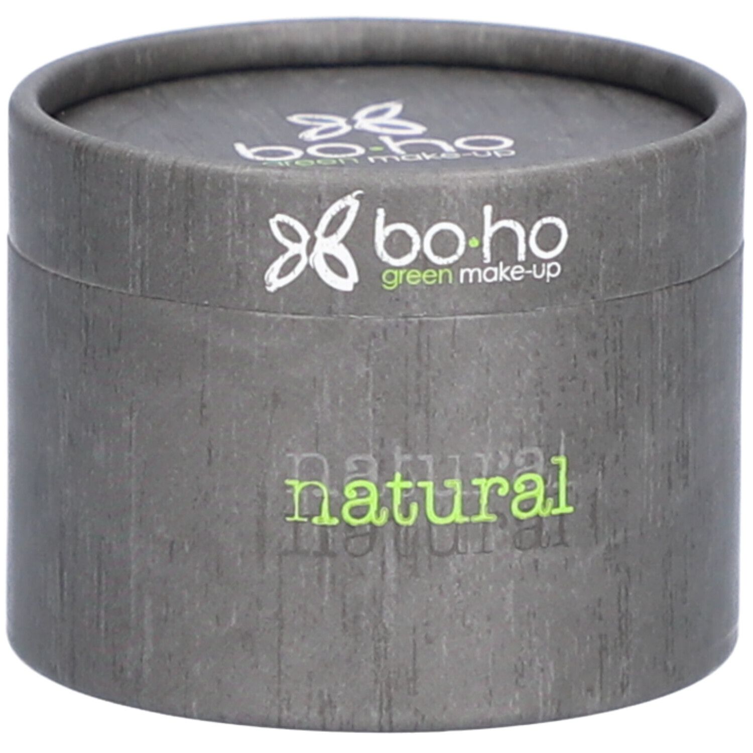Boîte grise avec couvercle. Sur le couvercle, "bo-ho green make-up" et "natural" en vert.
