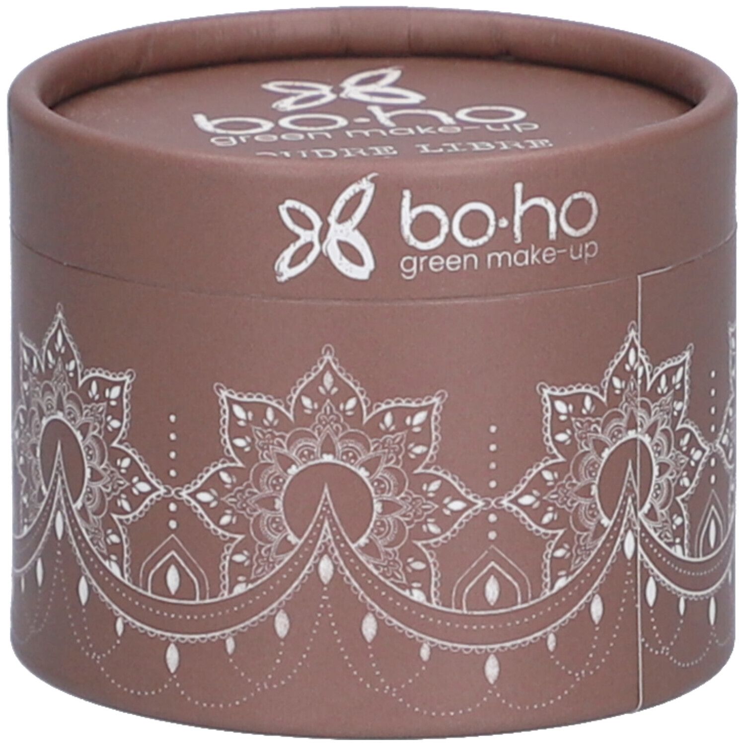 Emballage rond marron avec motif mandala blanc et logo. Texte: bo-ho green make-up, Poudre Libre.