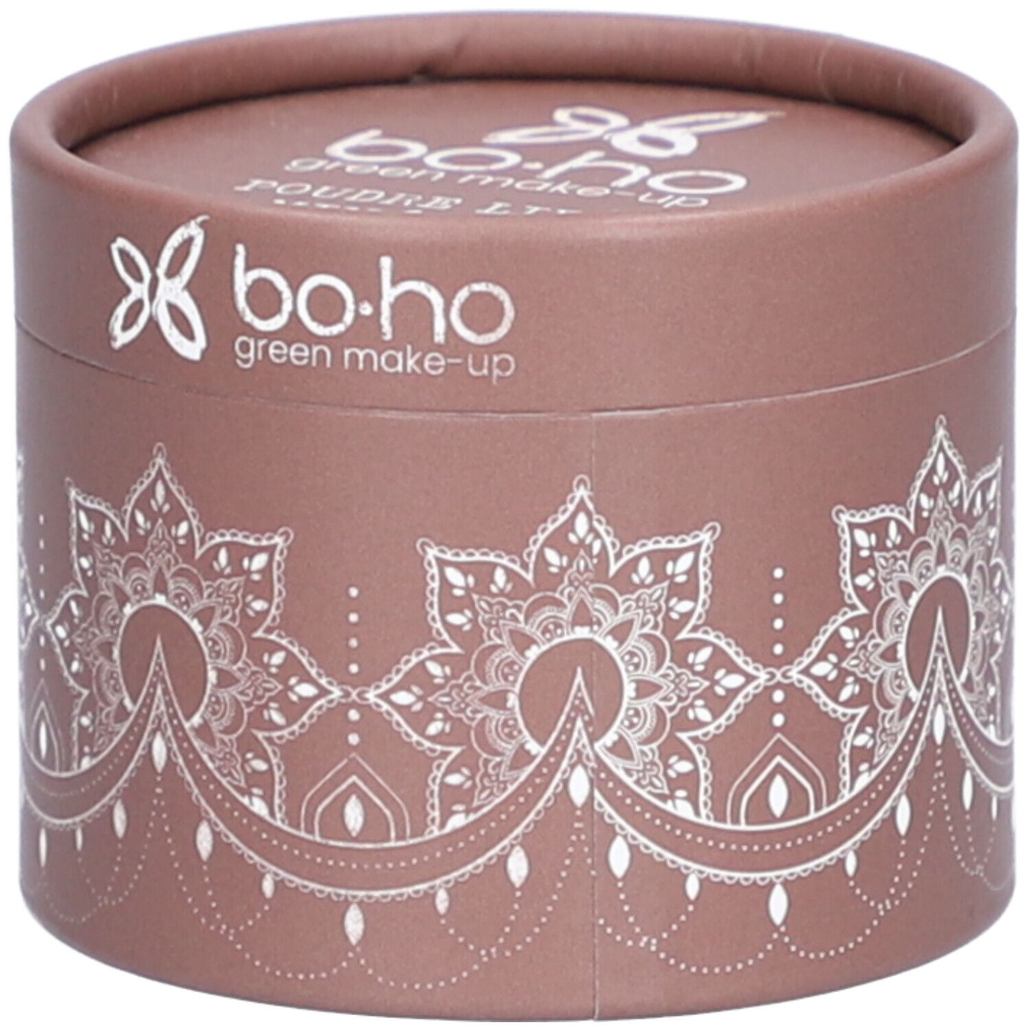 Emballage rond marron avec motif mandala blanc et logo. Texte: bo-ho green make-up, Poudre Libre.