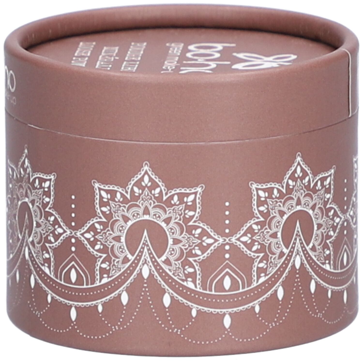 Emballage rond marron avec motif mandala blanc et logo. Texte: bo-ho green make-up, Poudre Libre.