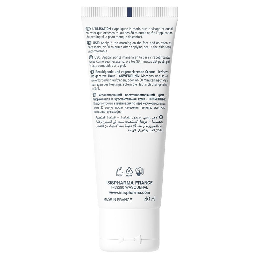Rückseite der Tube. Text in mehreren Sprachen. ISISPHARMA, 40 ml. Hergestellt in Frankreich. Symbole für Recycling und Kosmetik.