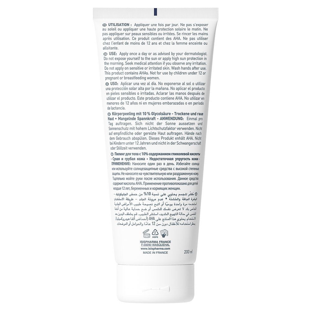 Rückseite der weißen Tube. Text in mehreren Sprachen: Anwendung, Inhaltsstoffe, Warnhinweise. 200 ml.