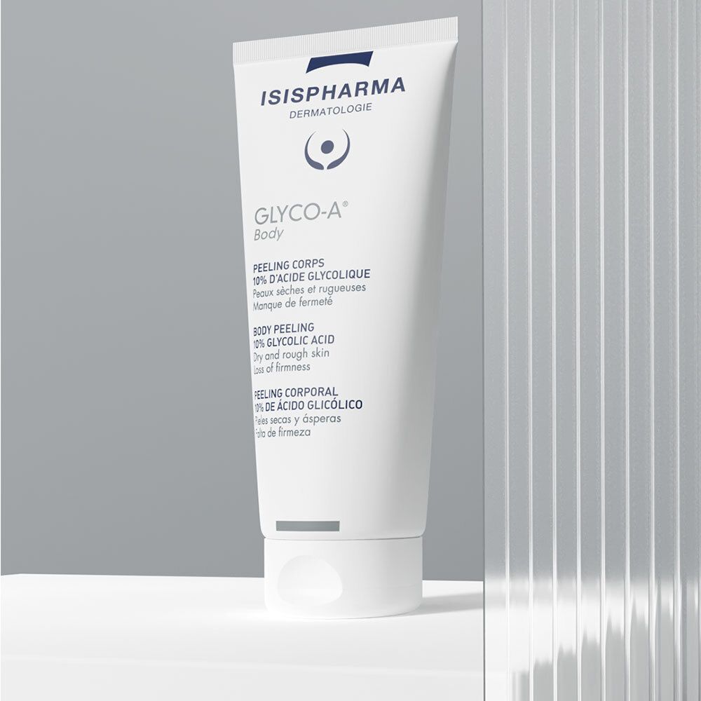 Weiße Tube Glyco-A Body, leicht schräg. ISISPHARMA-Logo, Produktbezeichnung, Text: Peeling Corps, 10% Glykolsäure.