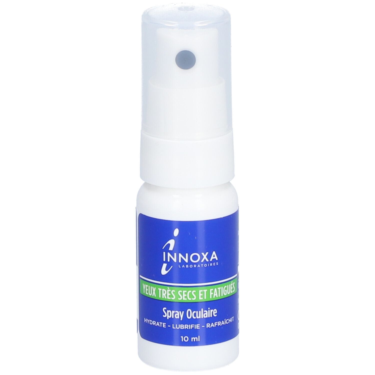 Spray oculaire INNOXA. Flacon blanc, étiquette bleue. Texte: Yeux très secs et fatigués, Spray Oculaire, 10 ml.