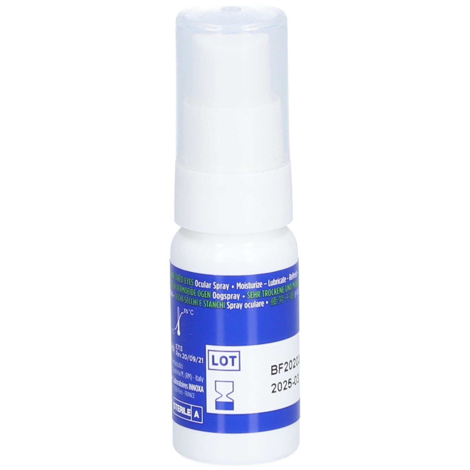 Spray oculaire INNOXA. Flacon blanc, étiquette bleue. Texte: Ocular Spray, Moisturize, Lubricate. Numéro de lot et date de péremption.