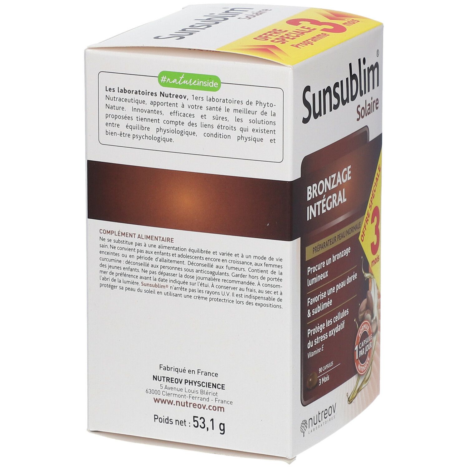 Dos de la boîte Sunsublim Solaire. Contient des informations sur le produit et le fabricant.
