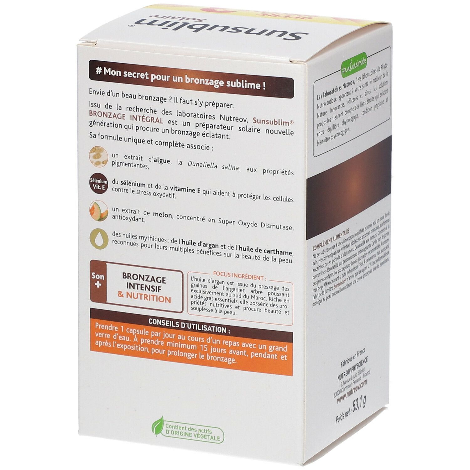 Côté de la boîte Sunsublim Solaire. Contient des informations sur le produit et les ingrédients.