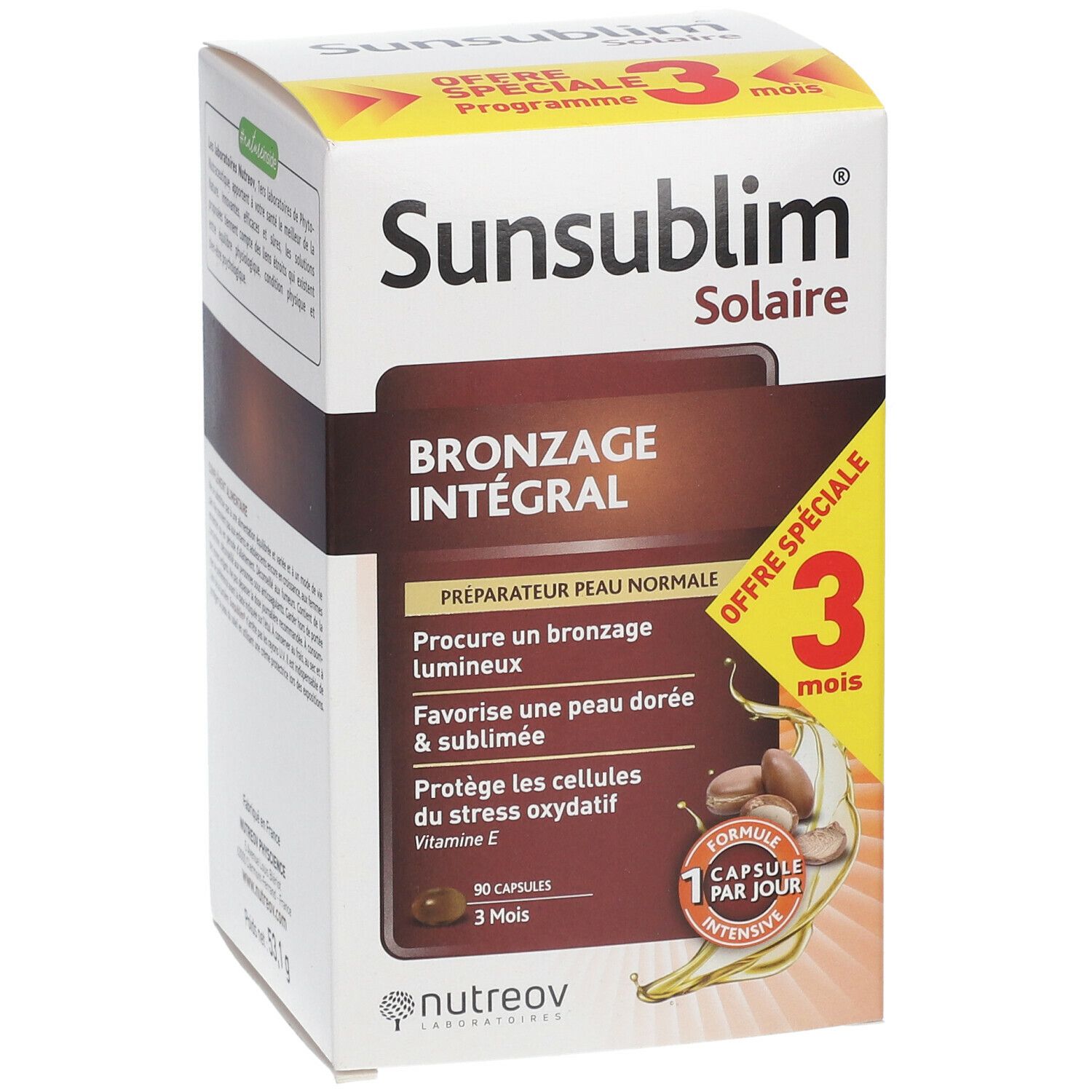 Boîte Sunsublim Solaire. Contient des informations sur le produit et une offre spéciale 3 mois.