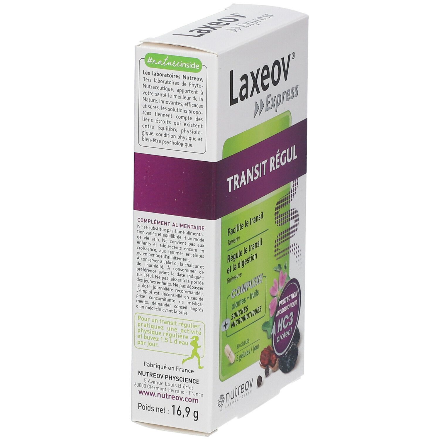 Boîte Laxeov Express, Transit Régul. Texte, ingrédients et logo. Poids net: 16,9 g.