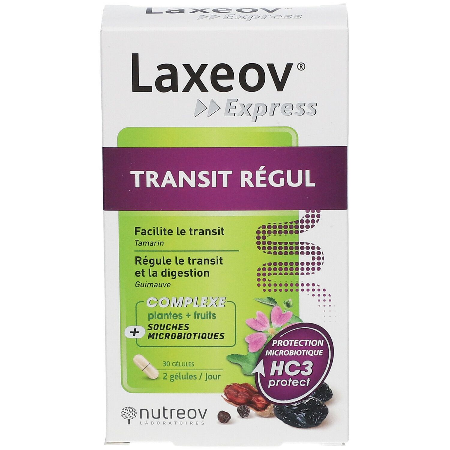 Boîte Laxeov Express, Transit Régul. Capsules, ingrédients et logo. HC3 protect.