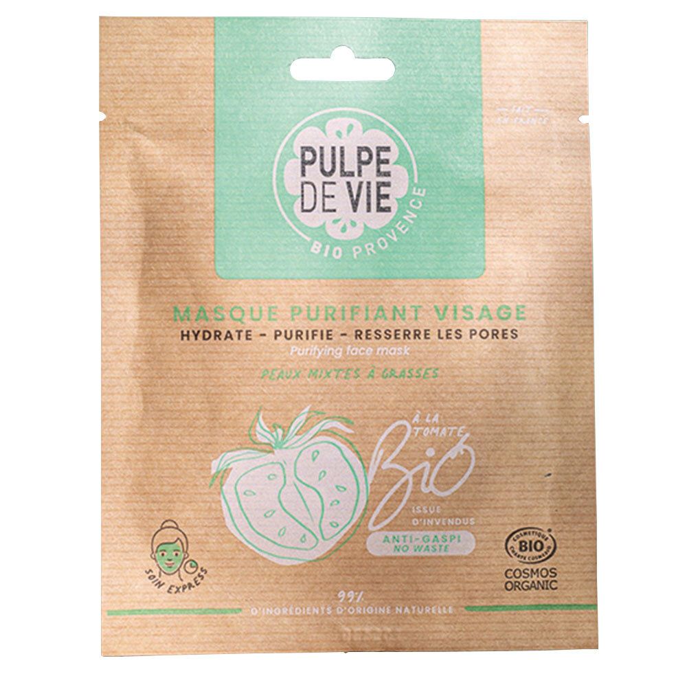 Sachet de masque visage PULPE DE VIE. Inscription: Masque purifiant Visage. Logo Bio. Illustration de tomate. Certifié Cosmos Organic.