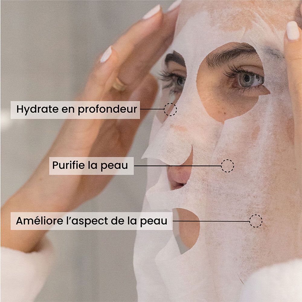Visage portant un masque. Textes: Hydrate en profondeur, Purifie la peau, Améliore l'aspect de la peau. Flèches sur le visage.