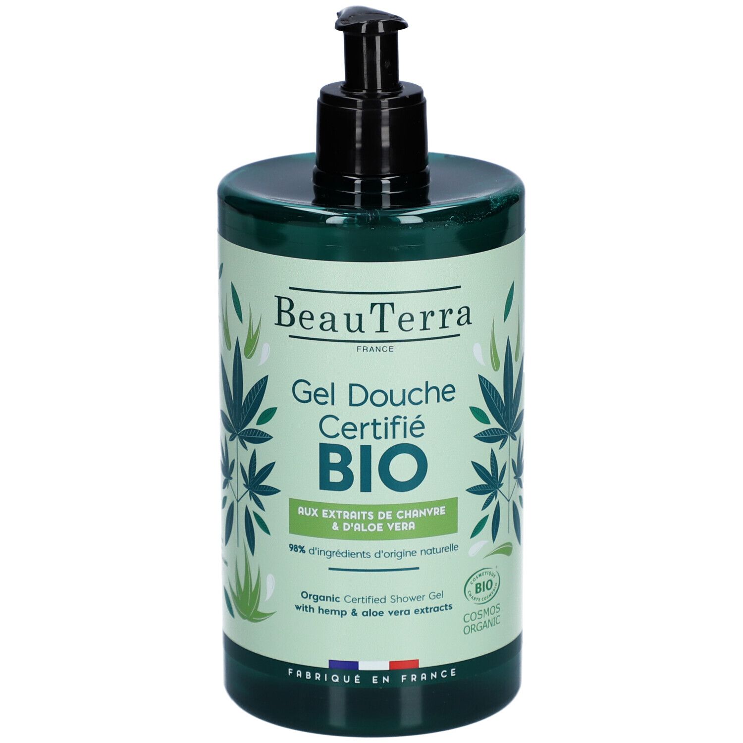 Flacon vert avec pompe noire. Inscription: BeauTerra, Gel Douche Certifié BIO. Extraits de chanvre et aloe vera.