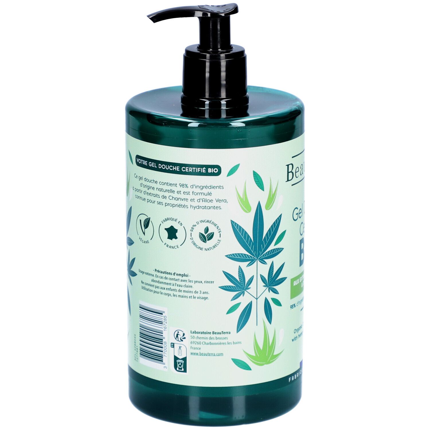 Dos du flacon vert. Texte: Gel Douche Certifié BIO. Extraits de chanvre et aloe vera. Certification bio.