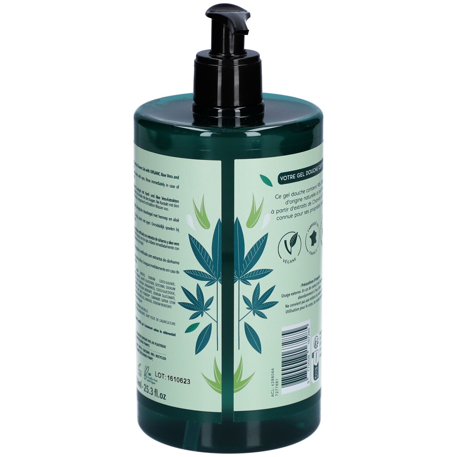 Dos du flacon vert. Texte: Gel Douche Certifié BIO. Extraits de chanvre et aloe vera. Certification bio.