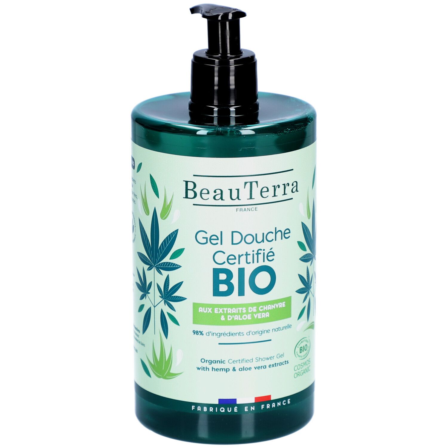 Flacon vert avec pompe noire. Inscription: BeauTerra, Gel Douche Certifié BIO. Extraits de chanvre et aloe vera.