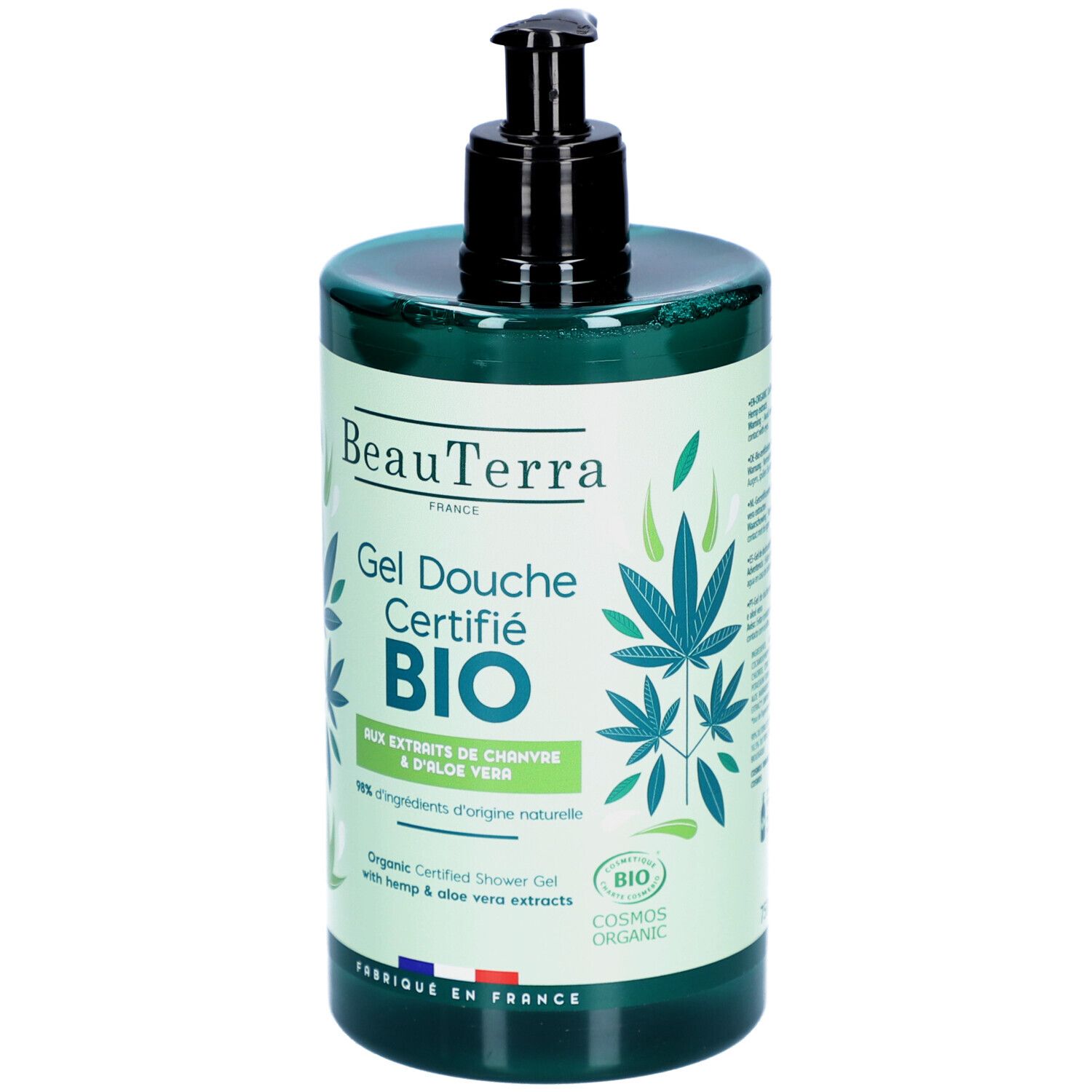 Flacon vert avec pompe noire. Inscription: BeauTerra, Gel Douche Certifié BIO. Extraits de chanvre et aloe vera.