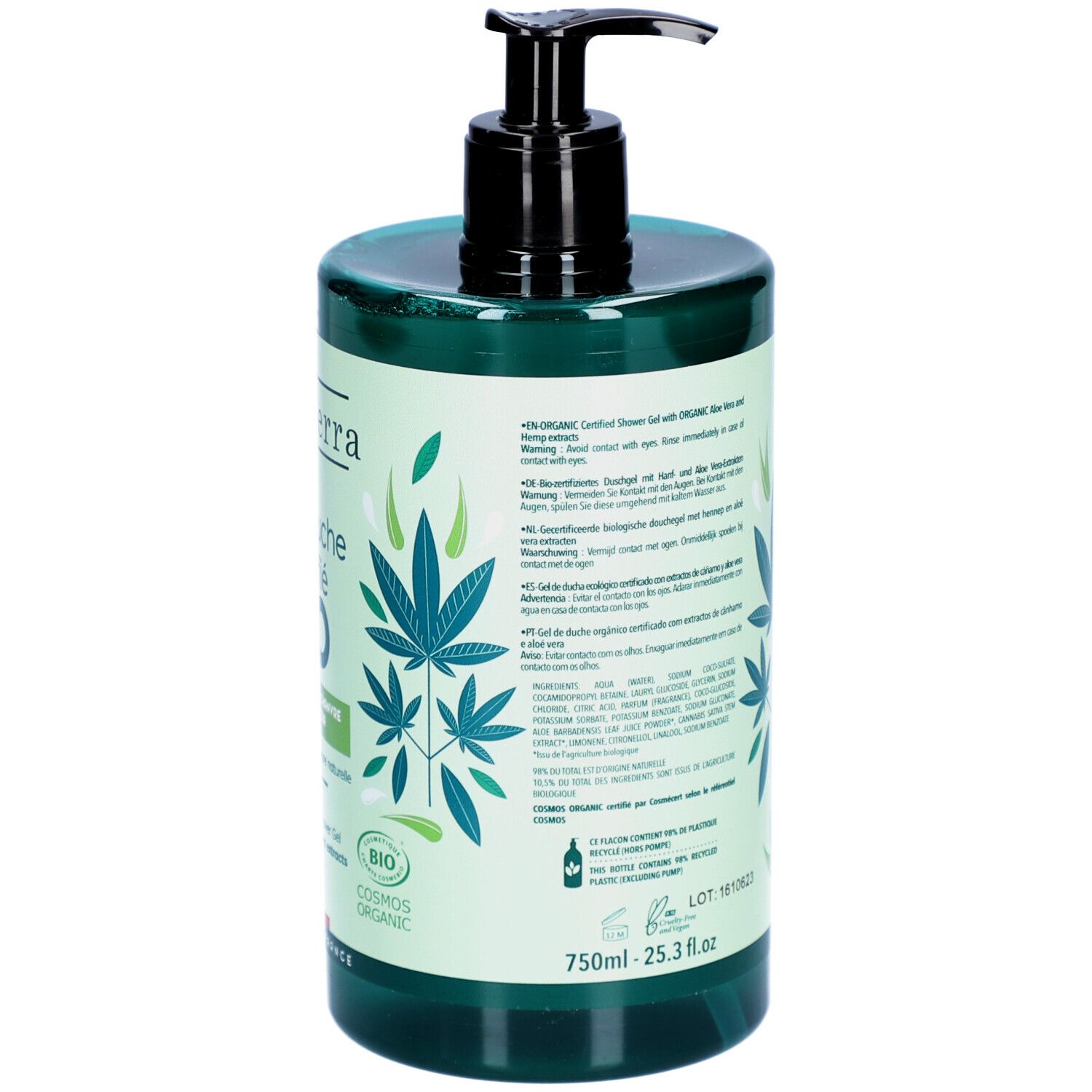 Dos du flacon vert. Texte: Gel Douche Certifié BIO. Extraits de chanvre et aloe vera. Certification bio. 750ml.