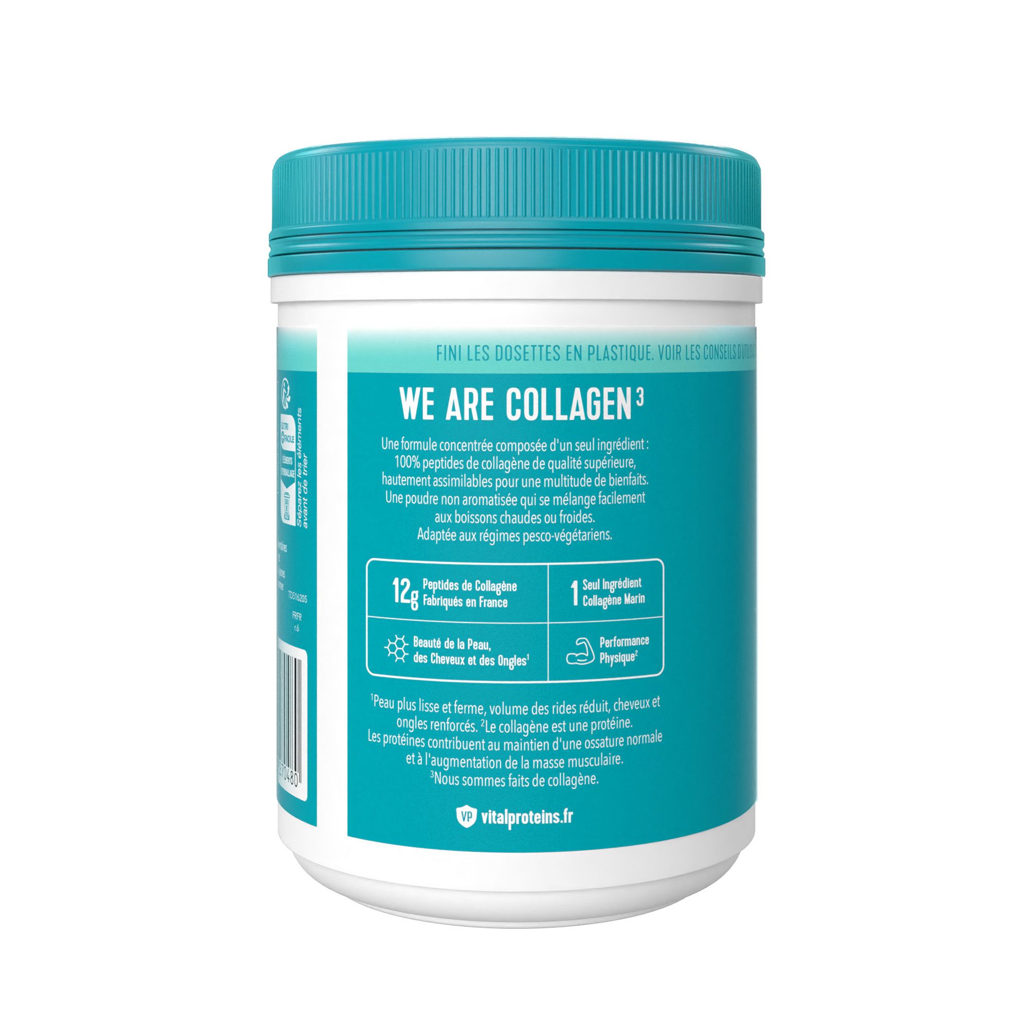 Dos du pot de collagène marin VITAL PROTEINS®. Texte avec informations produit et nutritionnelles.