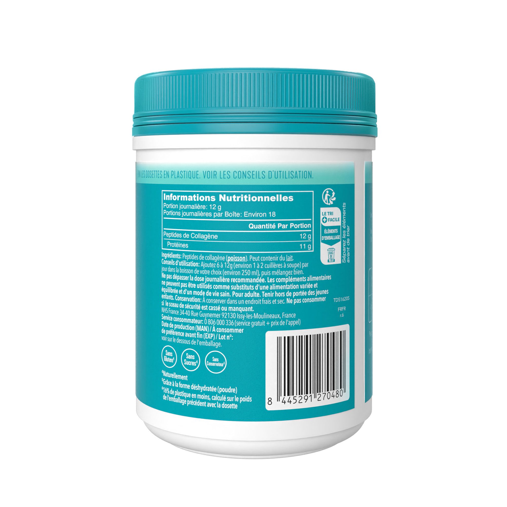Dos du pot de collagène marin VITAL PROTEINS®. Informations nutritionnelles et autres détails.